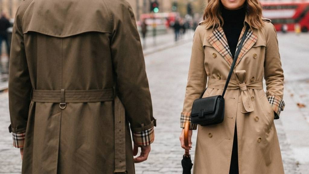 Homem e mulher usando trench coat burberry em londres