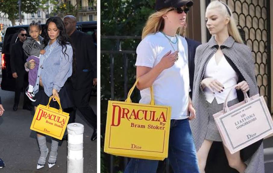 Celebridades usando a Bolsa Dior Book Tote de Jonathan Anderson: Rihanna e Jennfifer Lawrence com modelo Drácula.