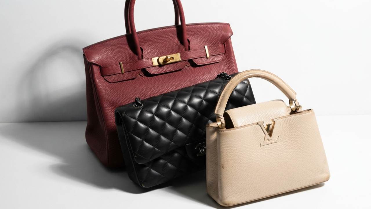 Bolsa hermès birkin, chanel classic flap e louis vuitton capucines seminovas no mercado de moda circular de luxo.