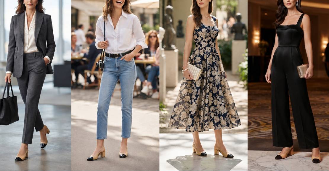 Diferentes maneiras de combinar o sapato bicolor da chanel no dia a dia: no look trabalho, com jeans, vestido midi e evento social.