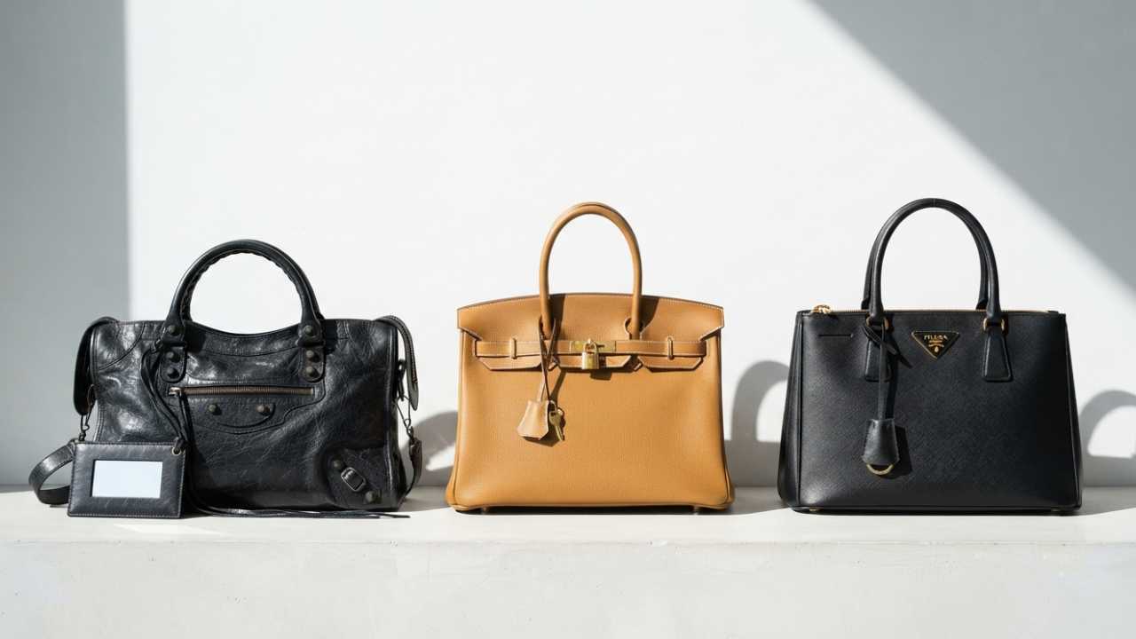 Comparativo de bolsas que valorizam no mercado second hand: Balenciaga Le City, Hermès Bikin e Prada Galleria.