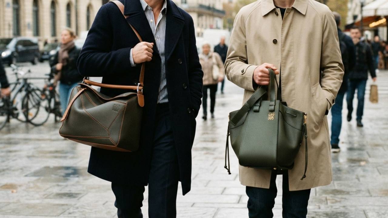 Homens carregando bolsas de luxo masculinas da Loewe.