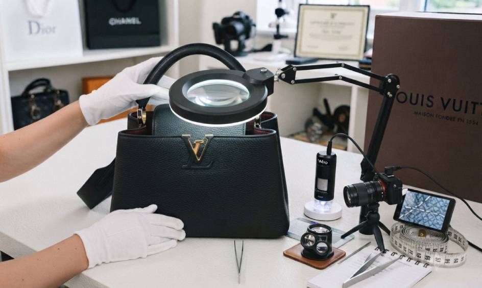 Especialista realizando a avaliação de autenticidade de uma bolsa Louis Vuitton Capucines.