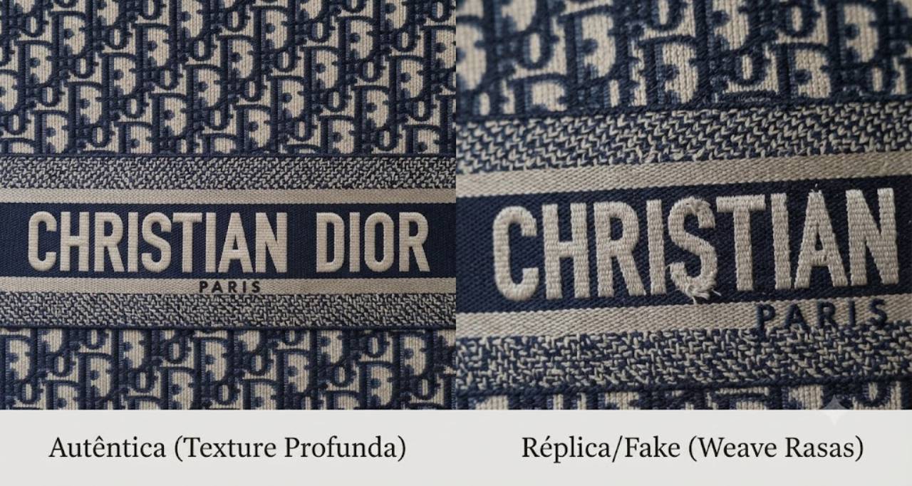 Comparação do bordado de uma Bolsa Dior Book Tote autêntica de uma fake.