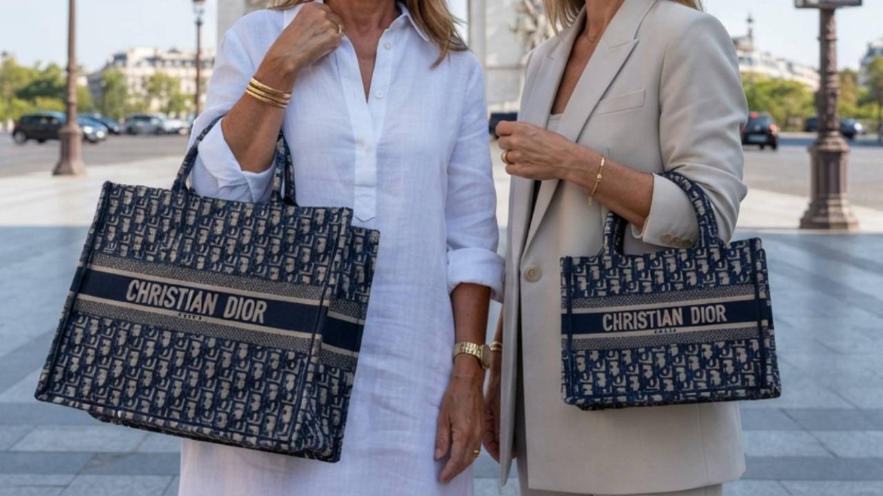 Mulheres carregando a bolsa Dior Book Tote autêntica e uma réplica/falsa.
