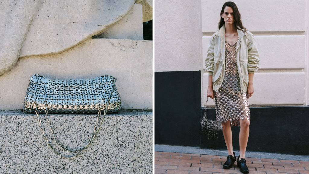 Bolsa e vestido da Rabbane feitas com metais.