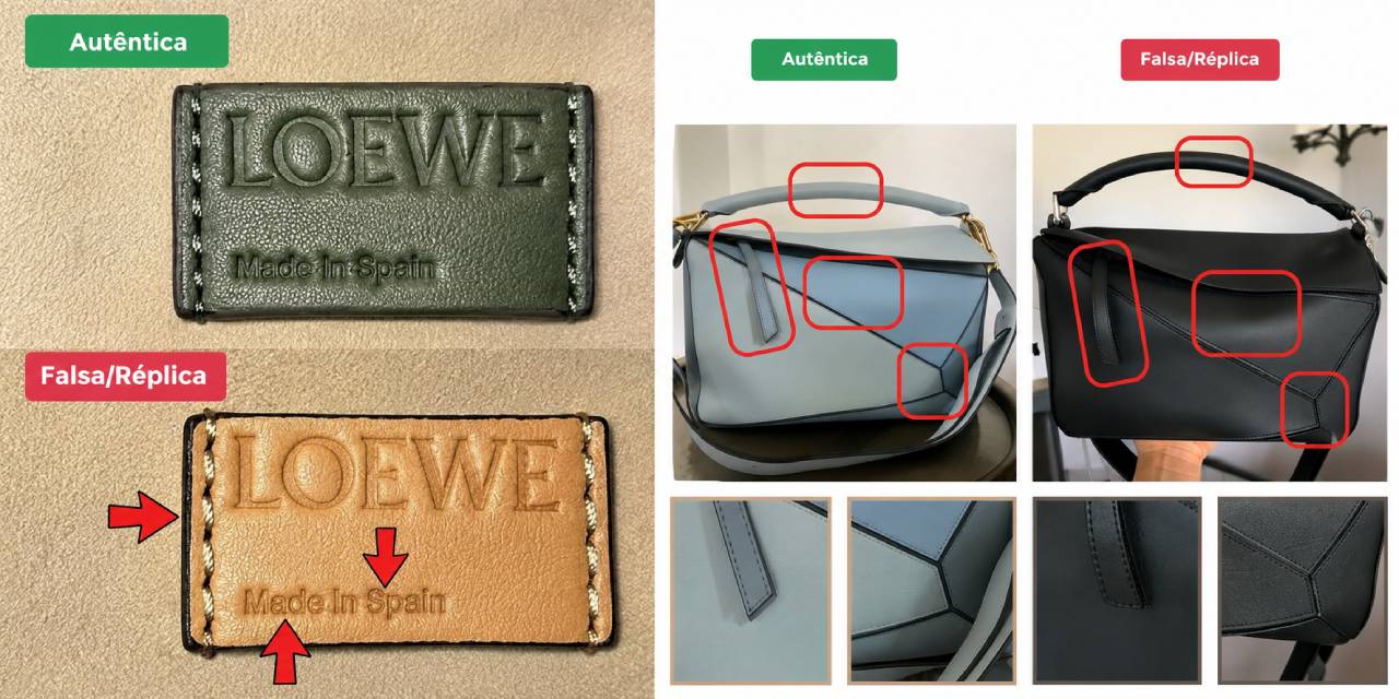 Fotos de detalhes de bolsa puzzle loewe para diferenciar cópia de autêntica.