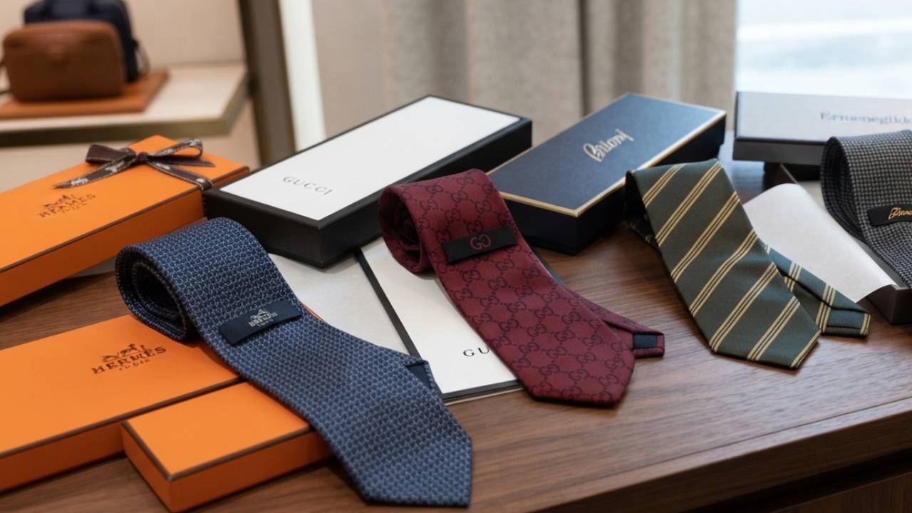 Gravatas de seda de marcas de luxo Hermès, Brioni, Gucci.