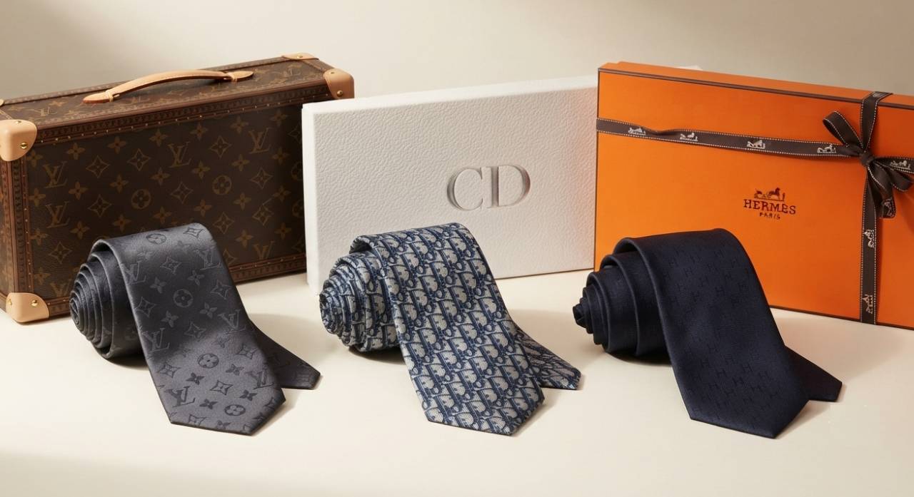 Gravatas de seda e jacquard da Louis Vuitton, Dior e Hermès.