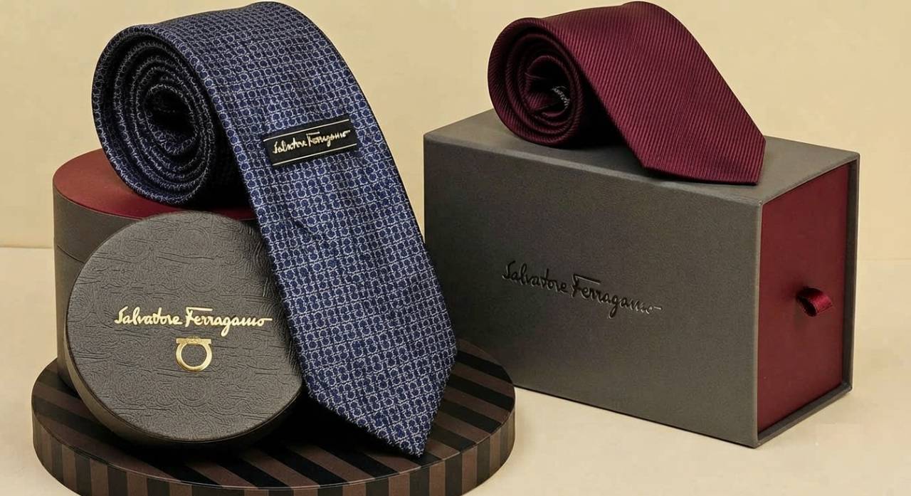 Modelos de gravatas de jacquard e seda da ferragamo.