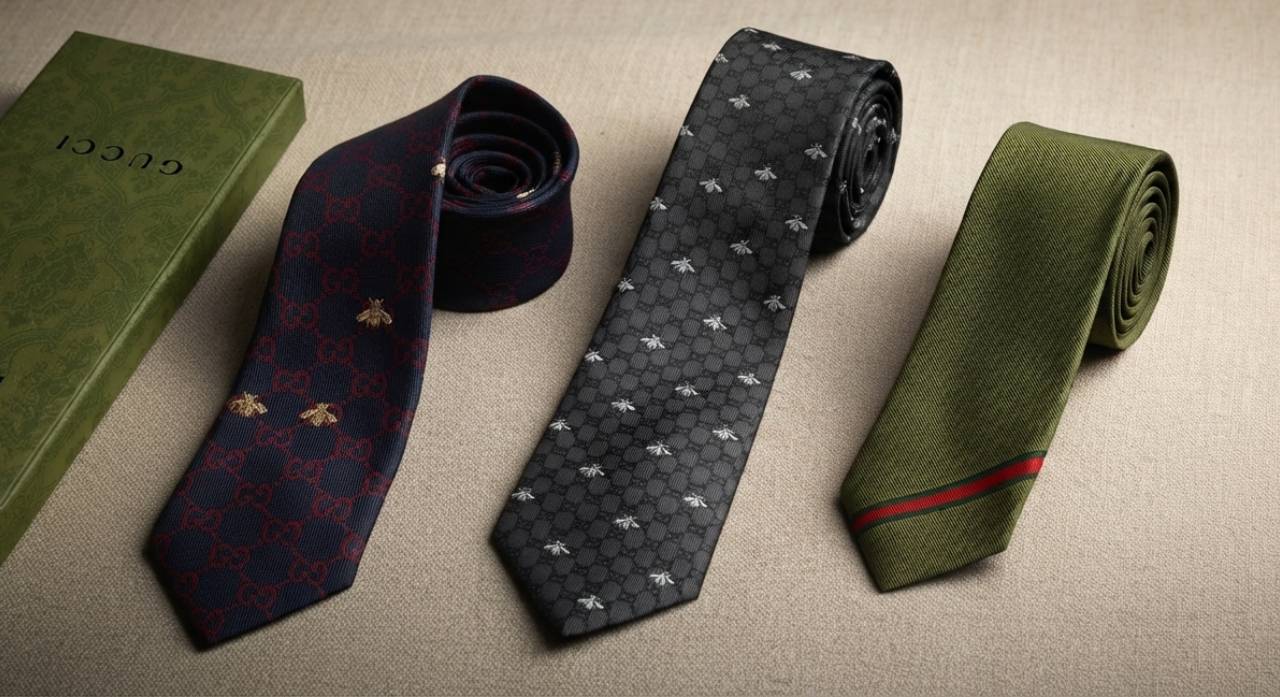 Diferentes gravatas da marca de luxo Gucci com embalagem original no mercado second hand.