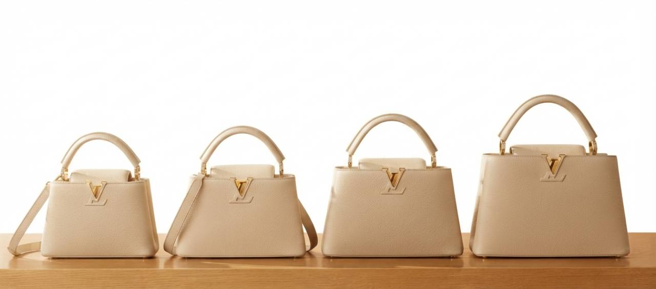 Comparação dos quatro tamanhos da bolsa Louis Vuitton Capucines: Mini, BB, PM e MM.