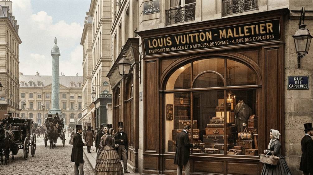 Ilustração da primeira loja da Louis Vuitton na Rue Neuve-des-Capucines, em Paris, endereço que deu origem ao nome da bolsa Capucines.