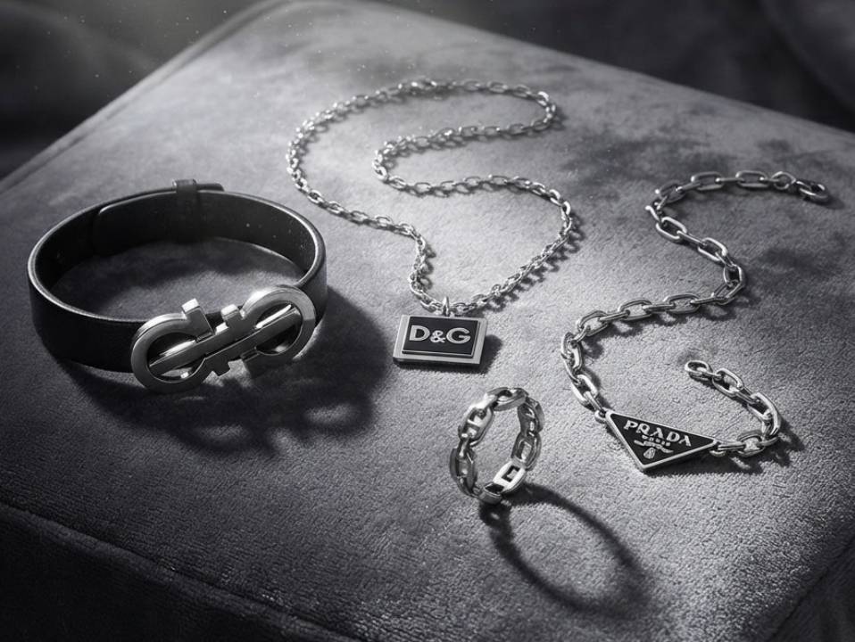 Pulseiras masculinas de marcas de joias de luxo da Ferragamo e Prada, colar masculino dolce & gabbana e anel vivara para presentes dia dos pais.