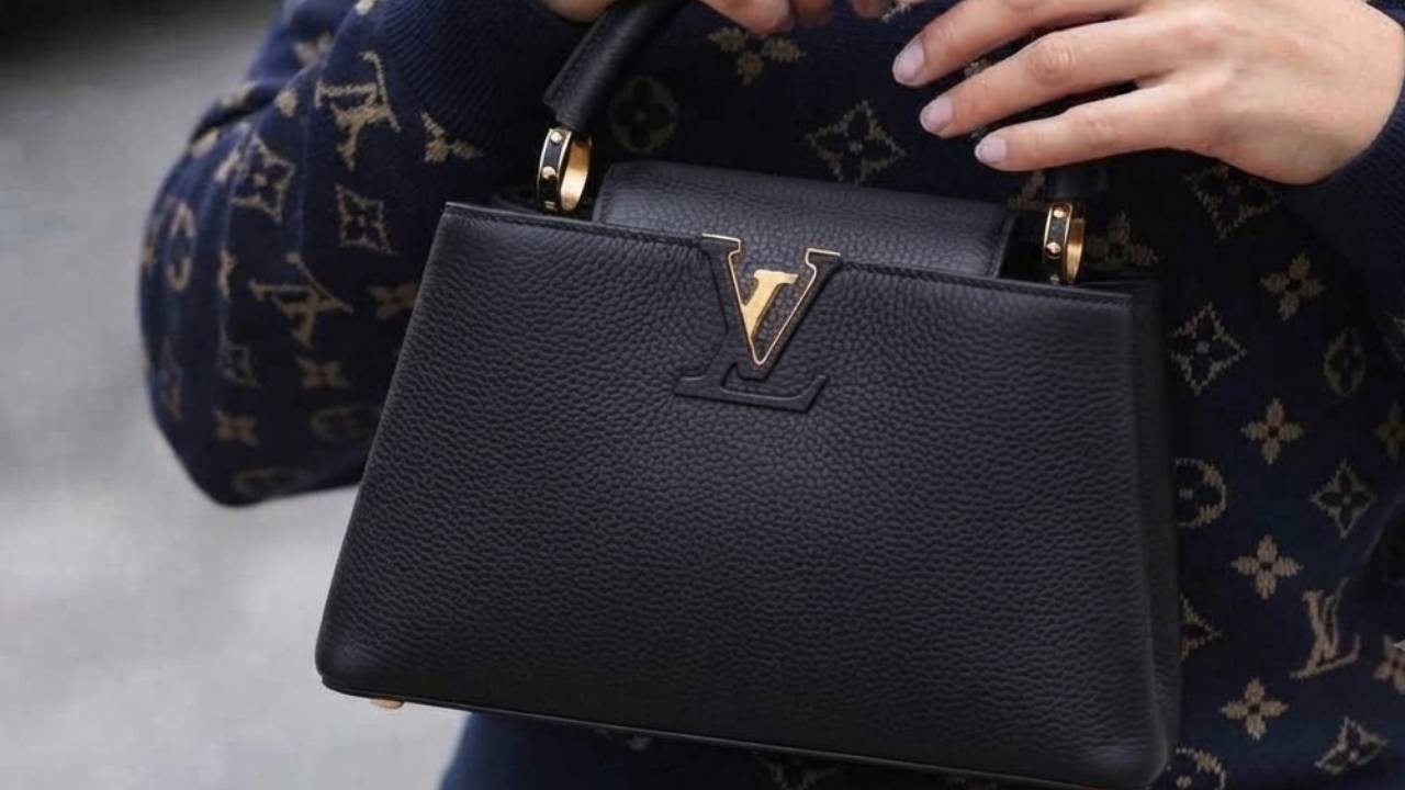 Mulher elegante segurando a bolsa Louis Vuitton Capucines.