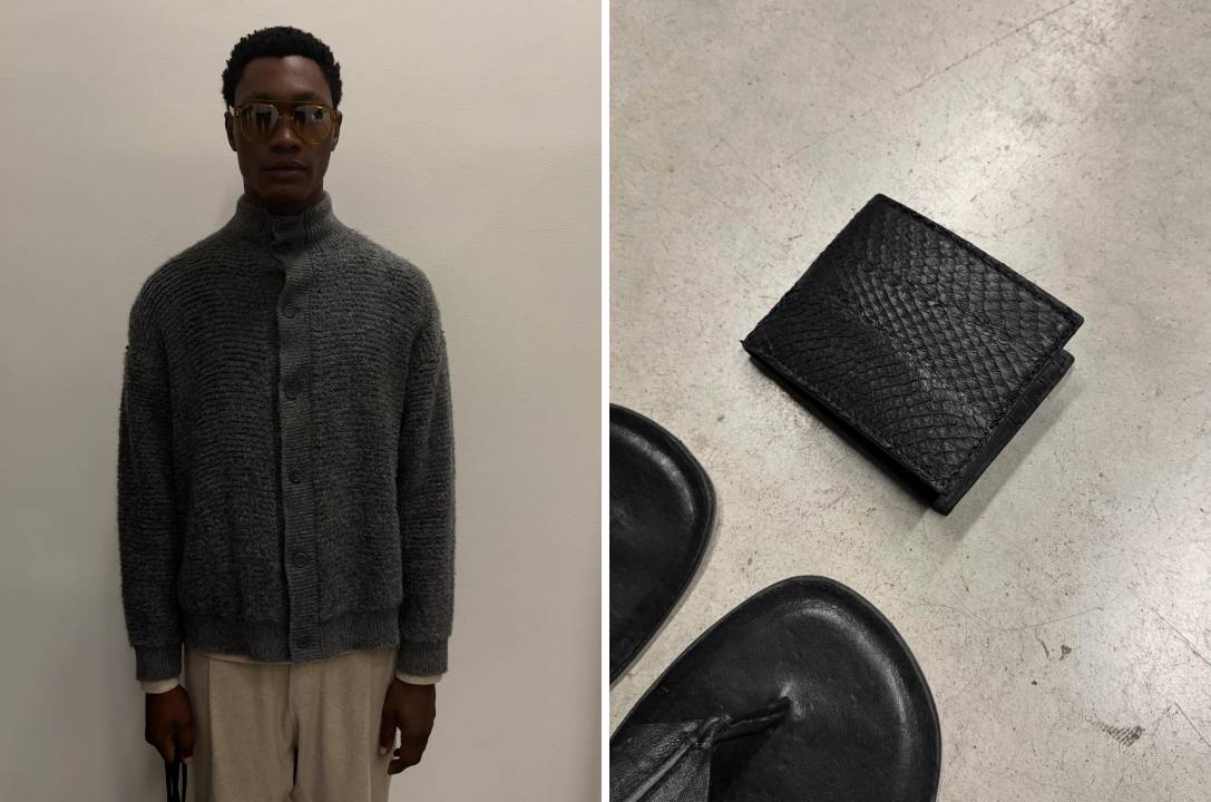 Acessórios de couro, carteira e chinelo, e roupas masculinas da marca brasileira Osklen para presentear no dia dos Pais.