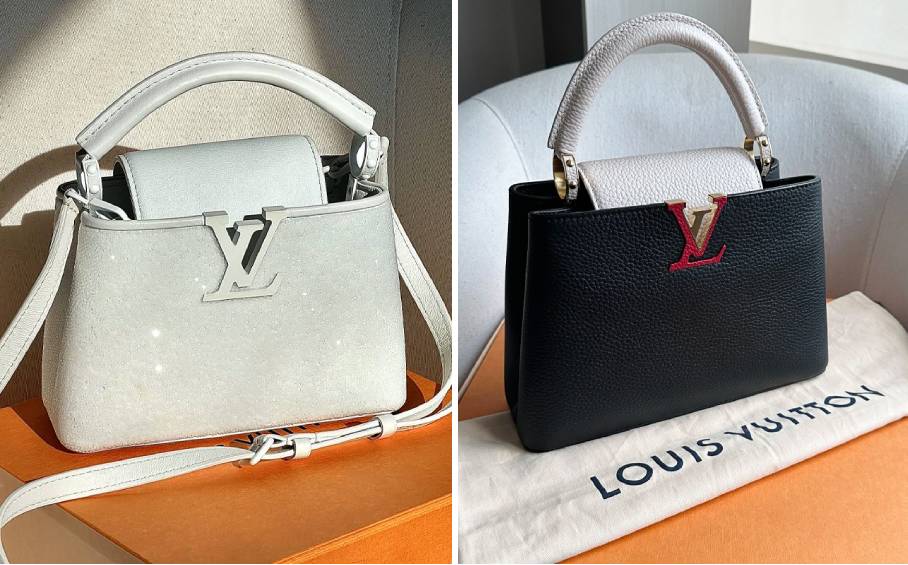 Duas bolsas Louis Vuitton Capucines disponíveis no Etiqueta Única, em diferentes cores e acabamentos.