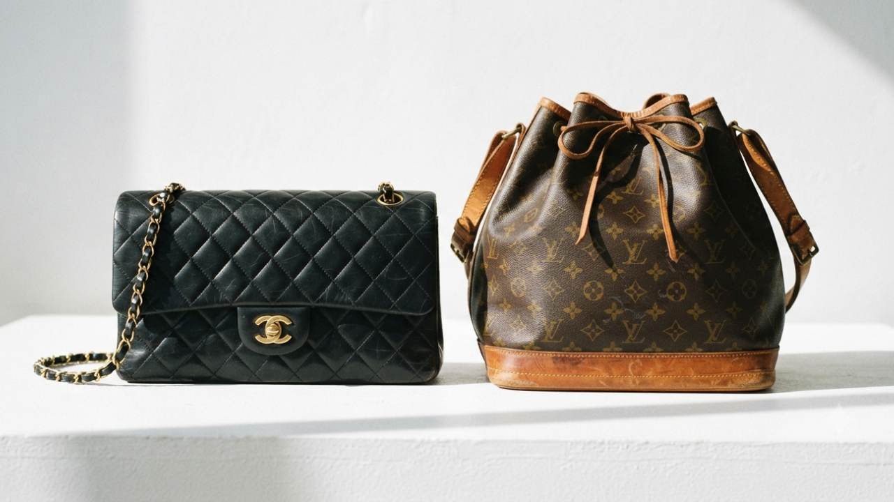 bolsa chanel classic flap ao lado de louis vuitton noé seminovas no mercado de moda circular de luxo.