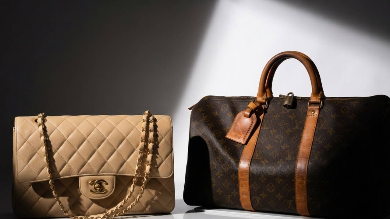 Bolsa Chanel Double Flap segunda mão ao lado de mala louis vuitton seminova na moda circular de luxo.