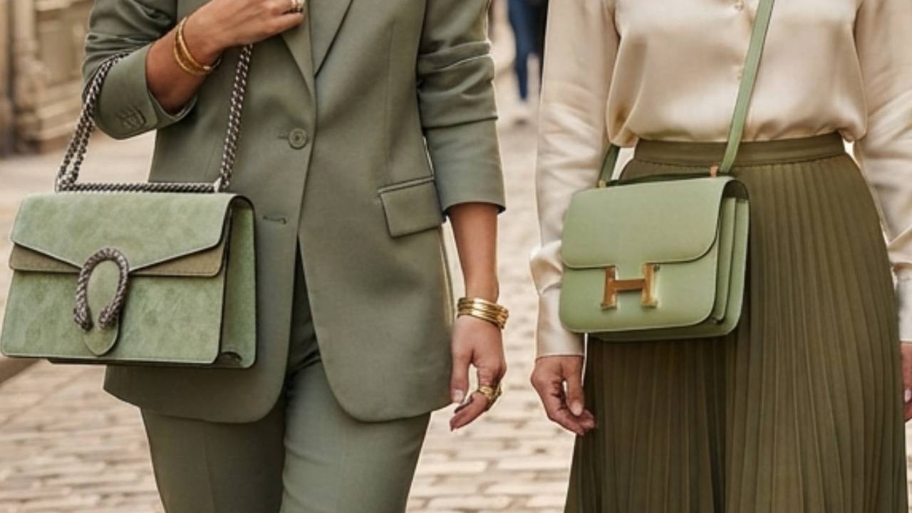 Mulheres carregando bolsas de luxo segunda mão da moda circular: gucci dionysus e hermès constance.