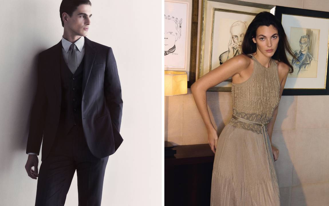 Fotos de modelo usando terno Giorgio Armani e mulher usando vestido da marca italiana.