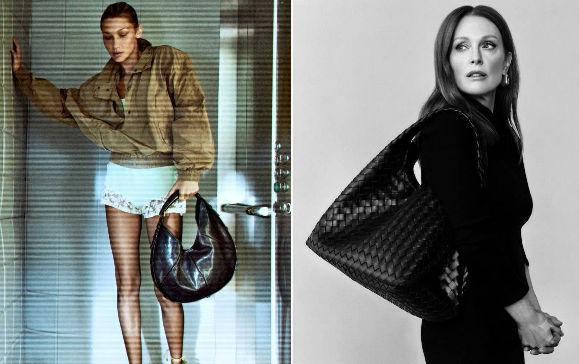 Bella Hadid com a bolsa mombasa da saint laurent e julianne moore com a bolsa Hop Bottega Veneta, tendência slouchy 2026.