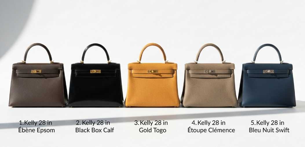Bolsas Kelly lado a lado de diferentes tamanhos, couros e materiais.