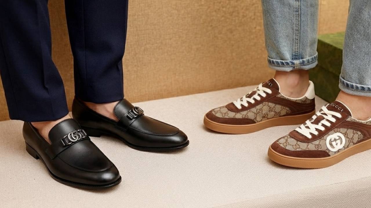 Pais calçando sapatos da Gucci: mocassim e tênis com logo GG.