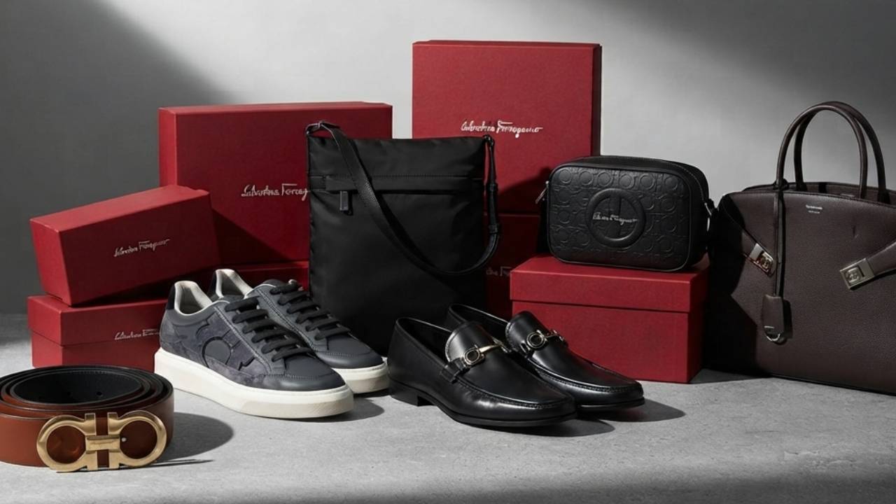 Bolsas e sapatos masculinos da Ferragamo na Super Sale dos Pais.