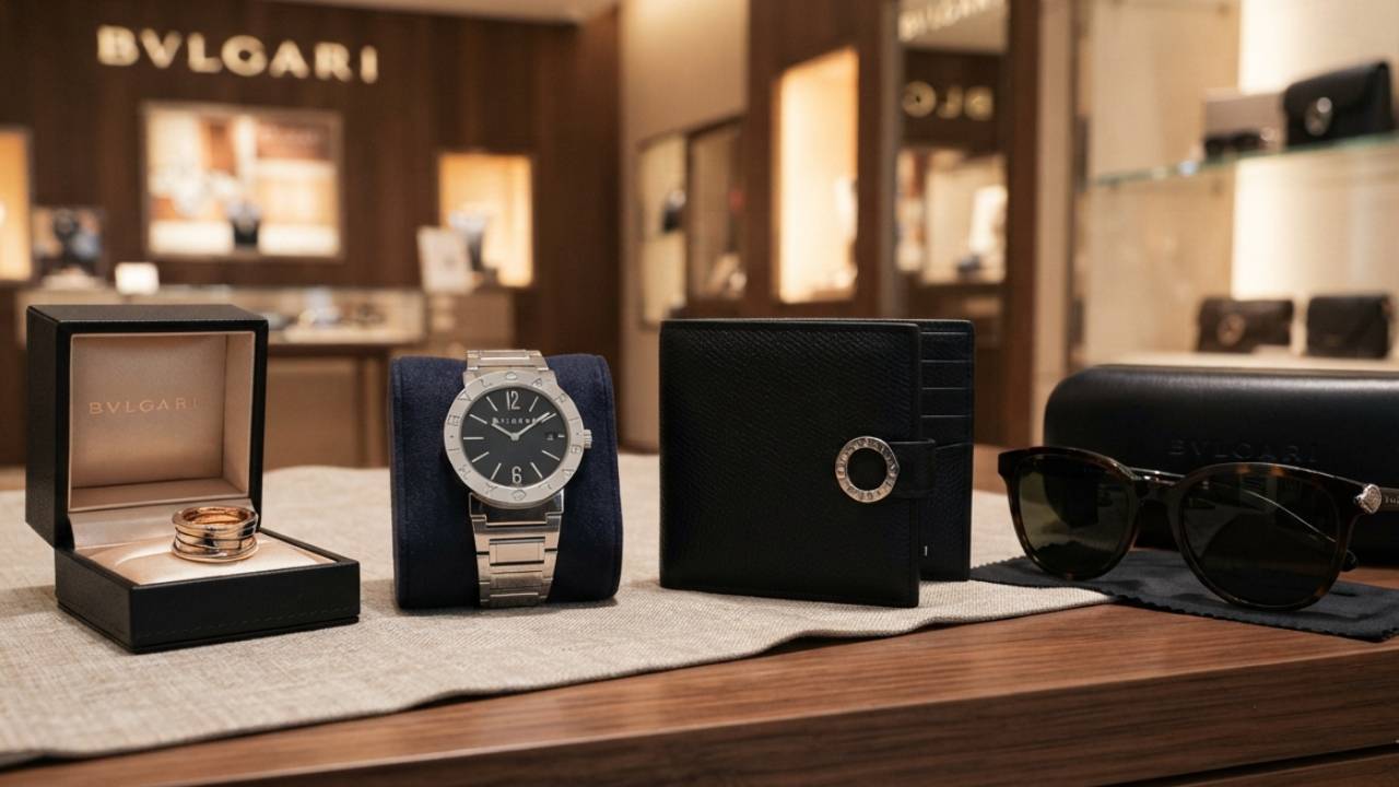 Presentes masculinos da Bulgari: relógio, óculos, carteira e relógio.