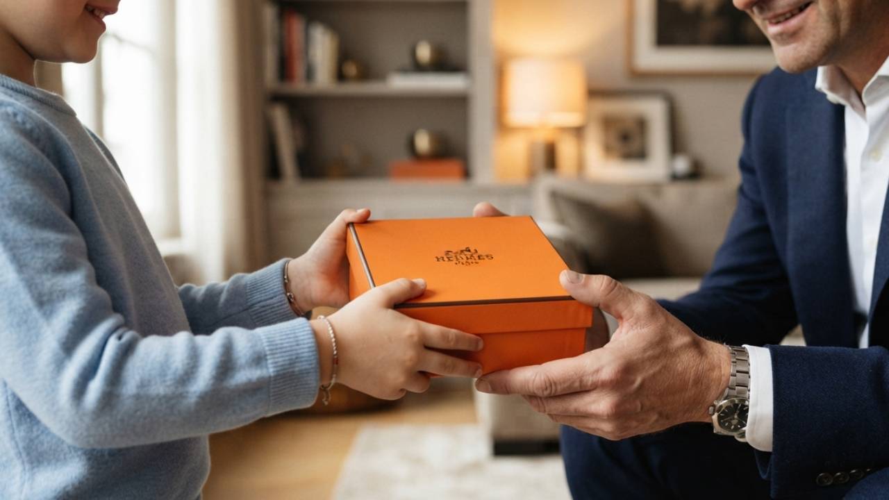 Filho pequeno entregando presente de luxo seminovo da Hermès no Dia dos Pais.