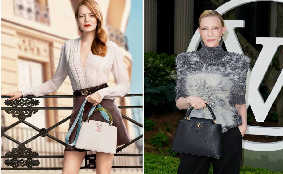 Emma Stone e Cate Blanchett usando bolsas Louis Vuitton Capucines em eventos, destacando o modelo como ícone de elegância contemporânea.