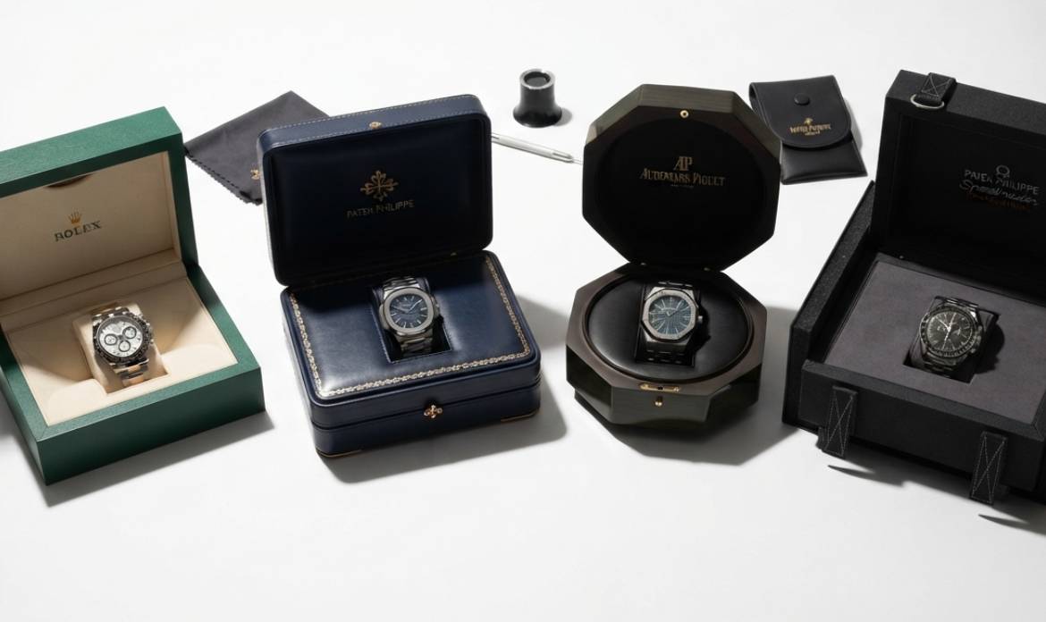 Relógios de luxo masculinos que são investimentos e ótimos presentes dia dos pais: Rolex, Audemars Piguet, Patek Philippe e Omega.