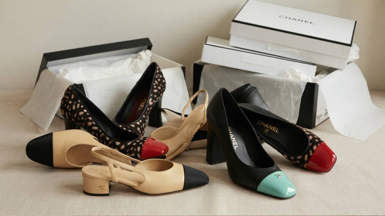 Sapatos bicolor da chanel de defirentes eras, do slingback de Coco Chanel aos modelos de Matthieu Blazy.
