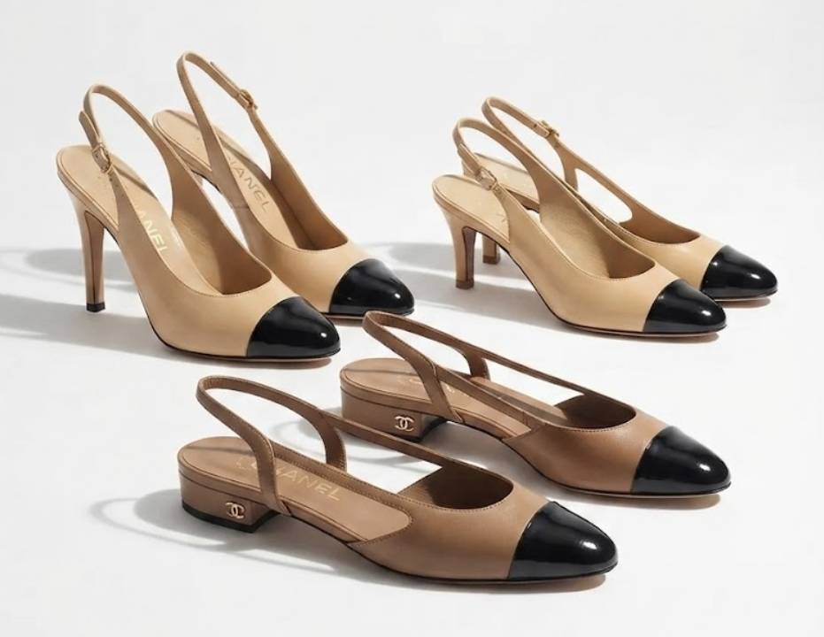Diferentes modelos e alturas de salto do sapato bicolor da chanel seminovos.