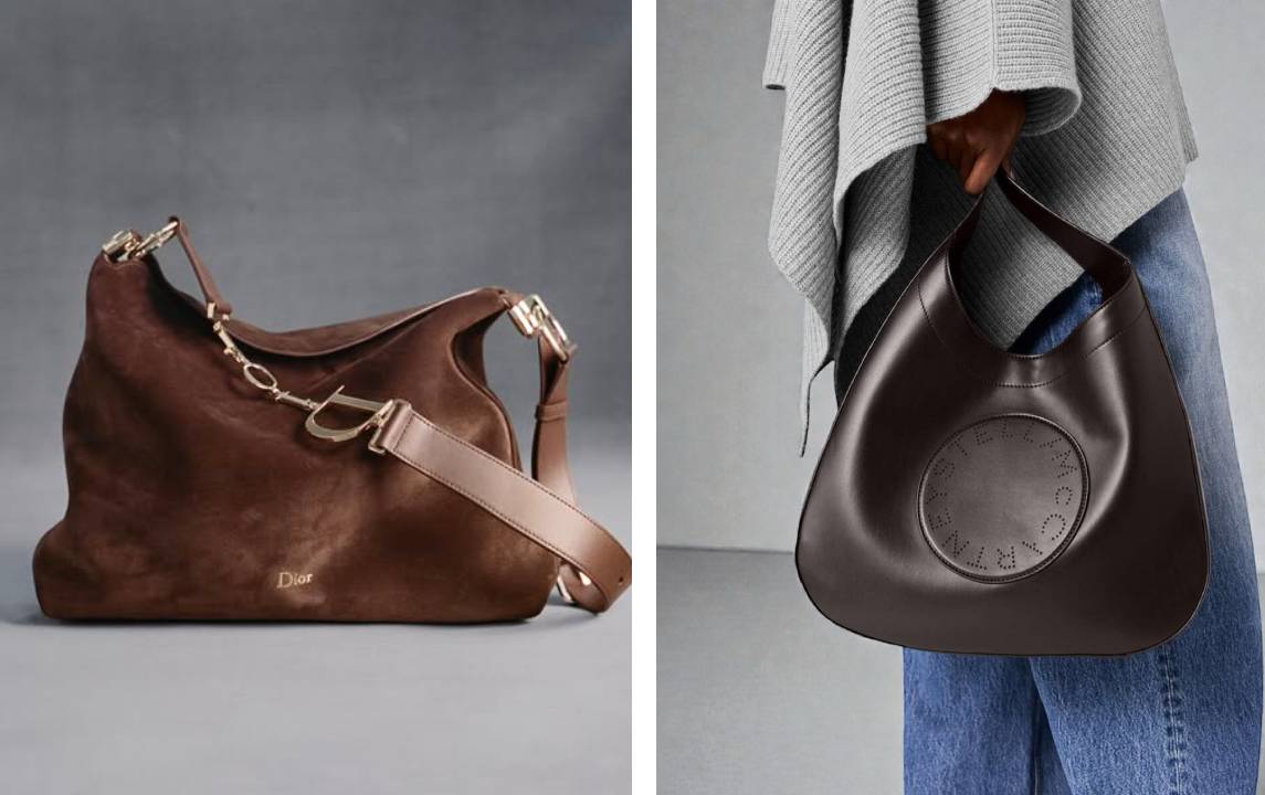 bolsa dior slouchy em camurça ao lado do modelo hobo relaxado da stella mccartney.