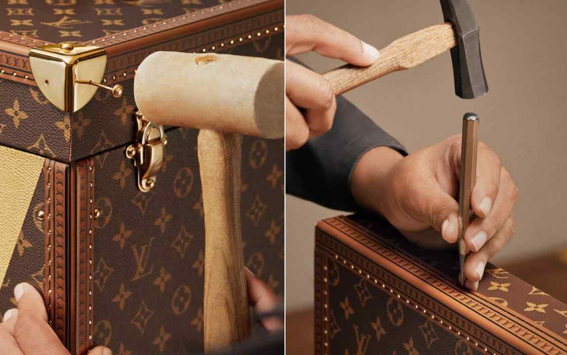 Artesões finalizando manualmente a mala da LV para o campeão da copa do mundo 2026.