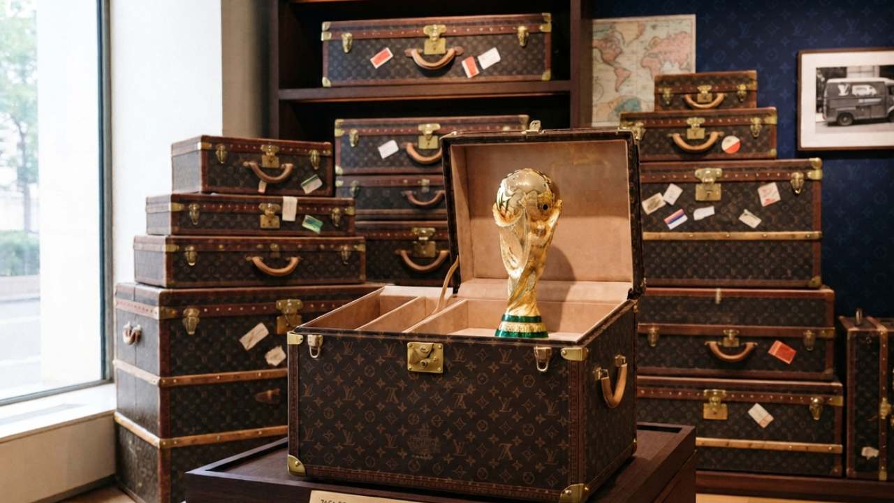 taça da copa do mundo 2026 na mala baú da Louis Vuitton.