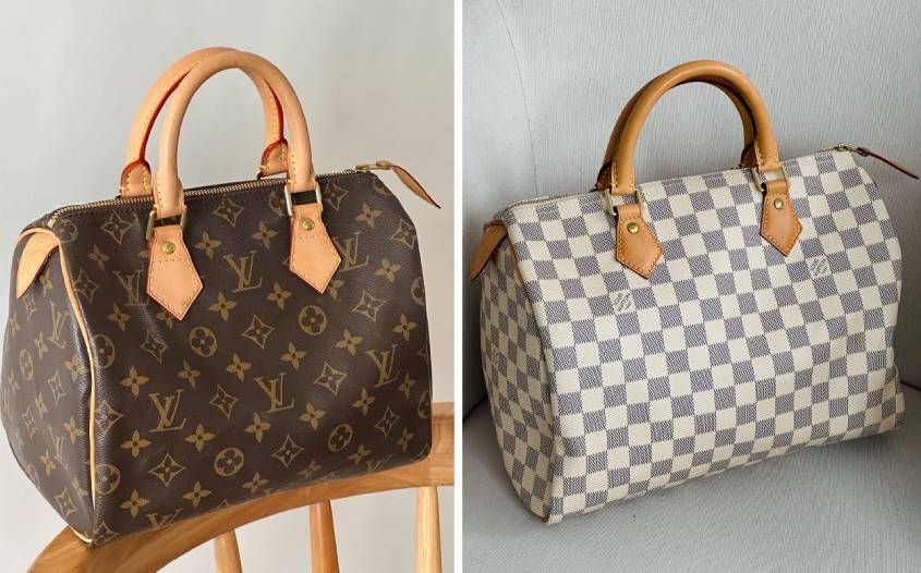 Bolsa Louis Vuitton Seepedy canvas monogram ao lado do damier azur.