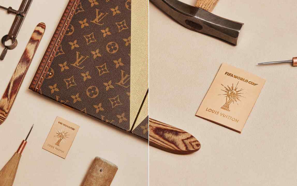 Detalhes das etiquetas da louis vuitton para a maleta da copa.