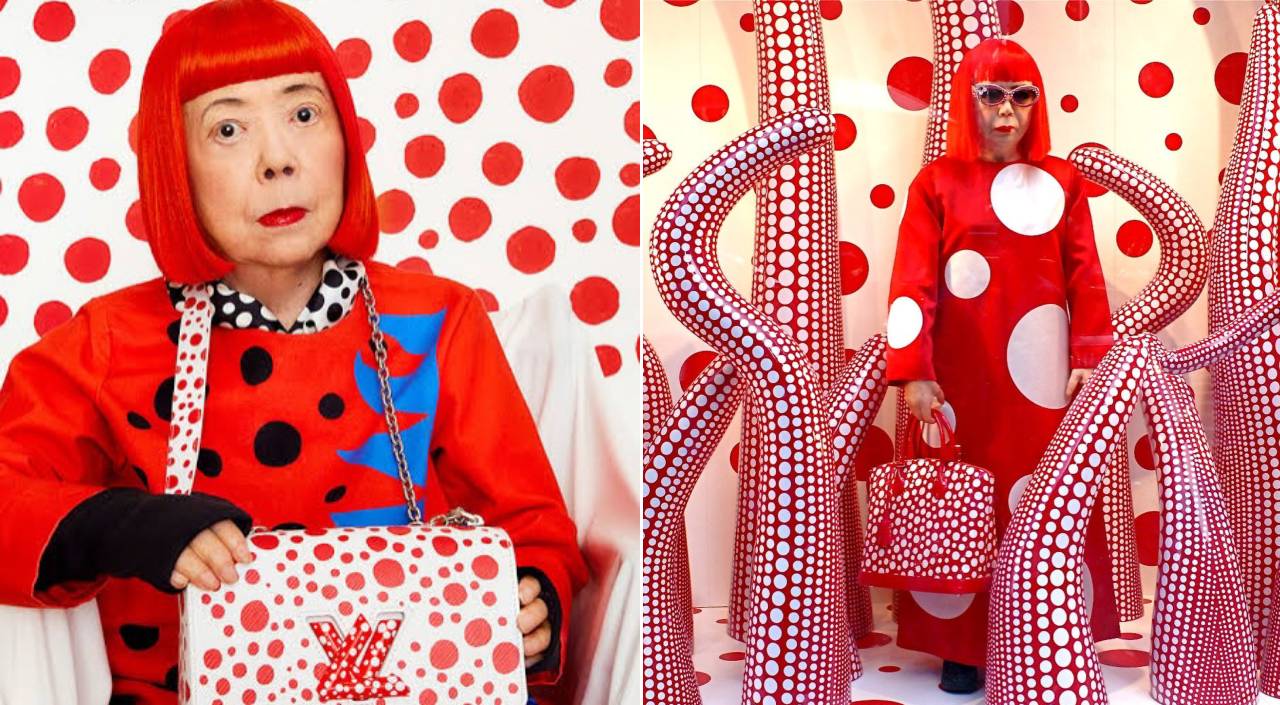 Yayoi Kusama usando bolsas Louis Vuitton das eras Nicolas Ghesquière e Marc Jacobs, incluindo modelo da colaboração com suas icônicas bolinhas.