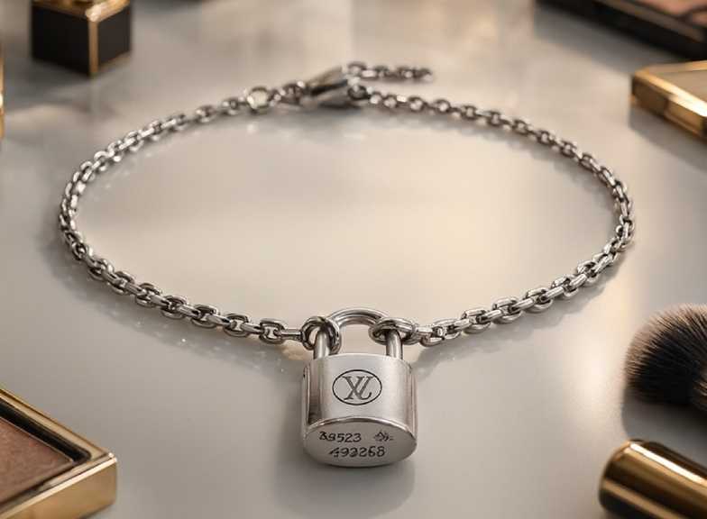 Pulsiera louis vuitton com cadeado e elos metálicos.