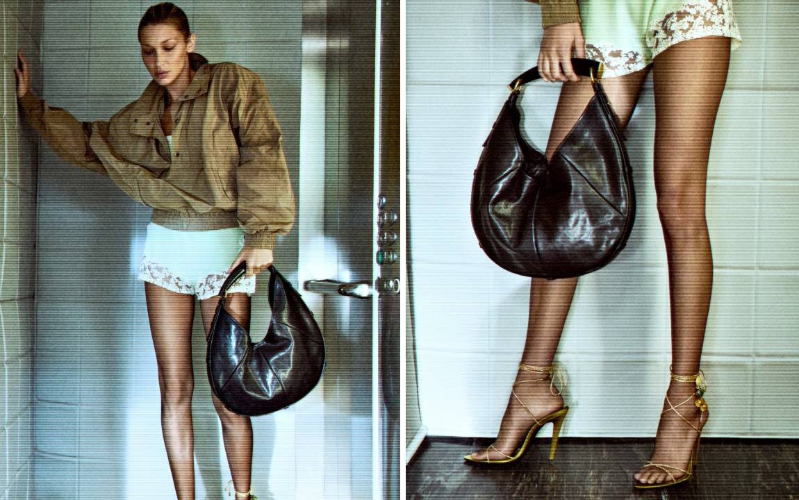 Fotos da Bella Hadid na campanha da Bolsa Saint Laurent Mombasa 2026.