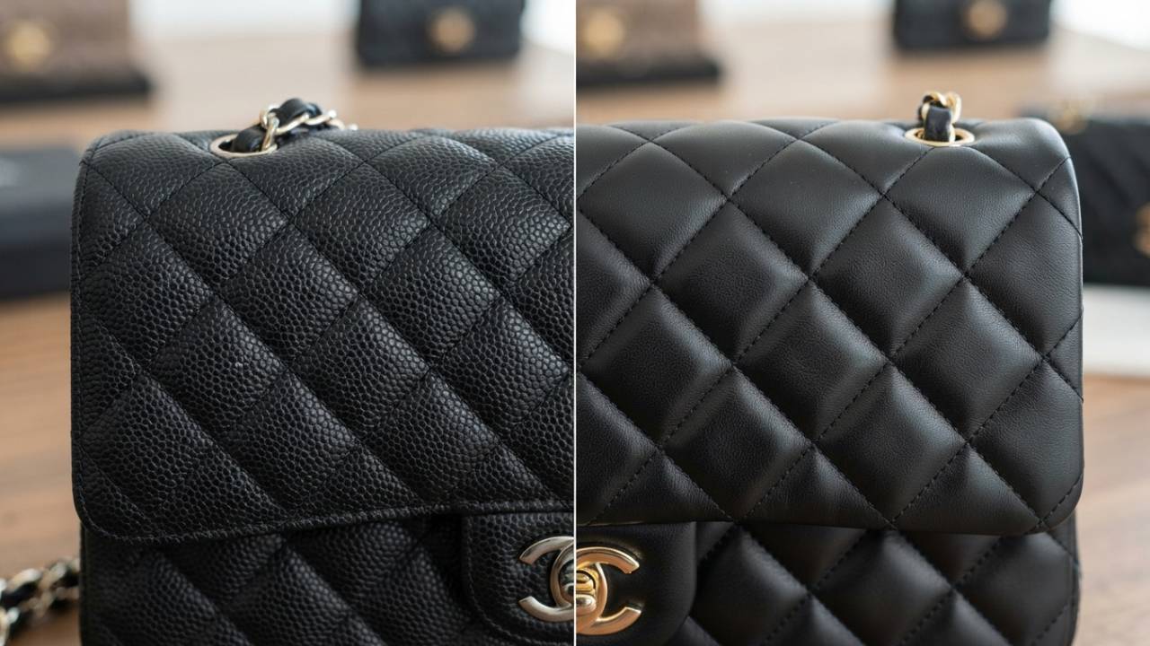 Comparação de bolsa chanel double flap couro caviar do lado de couro lambskin.