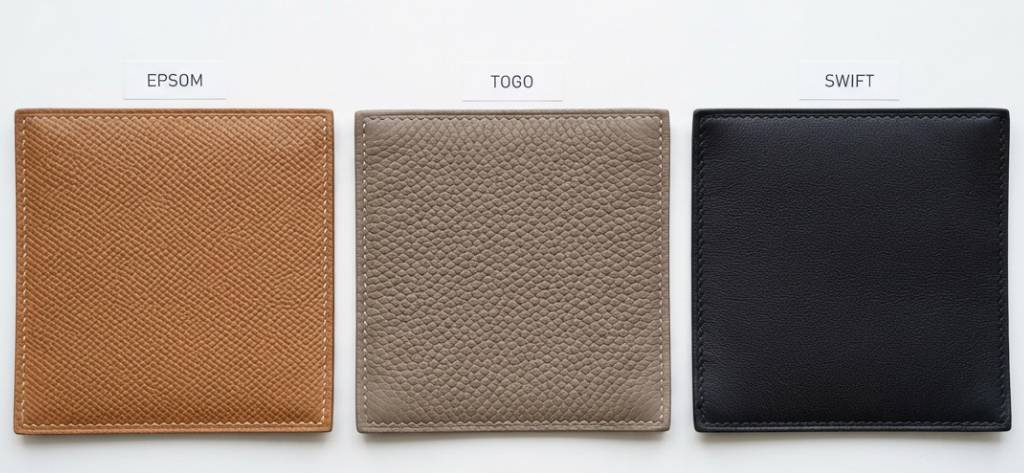 Comparativo dos couros Hermès: epsom, togo e swift.