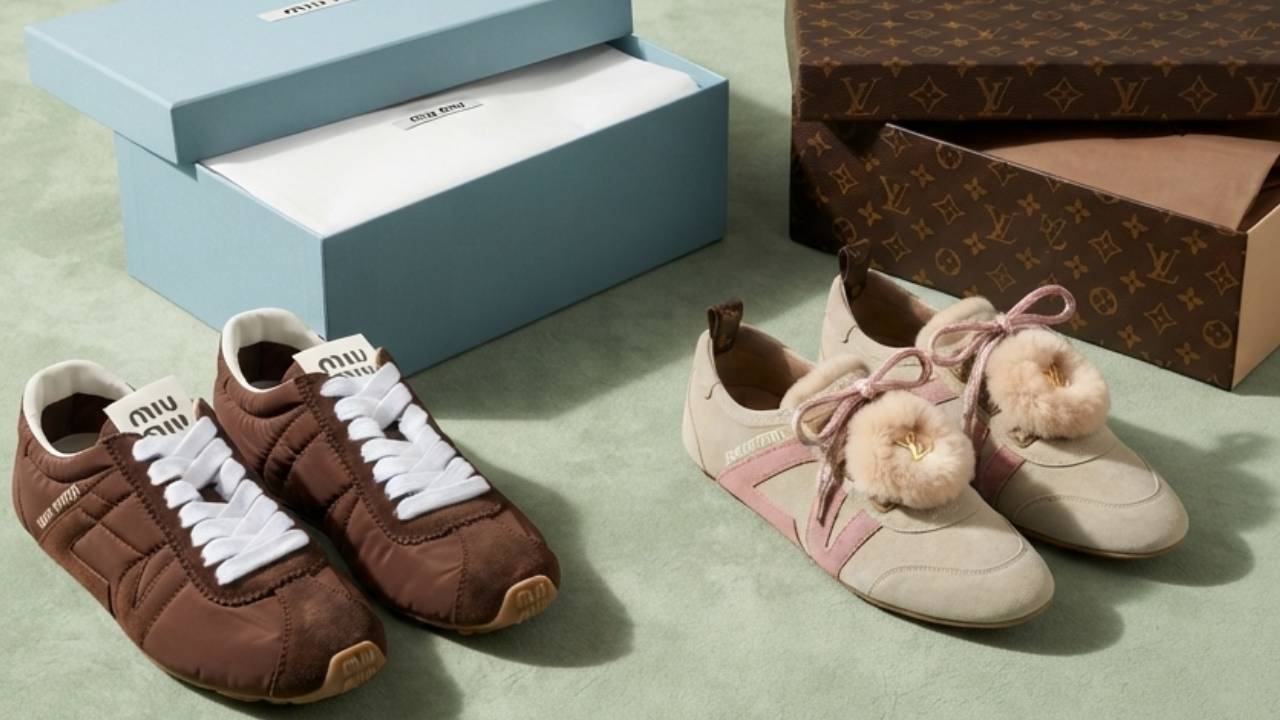 Tênis de luxo femininos lado a lado: modelo da Miu Miu e da Louis Vuitton na Second Hand Week 2026