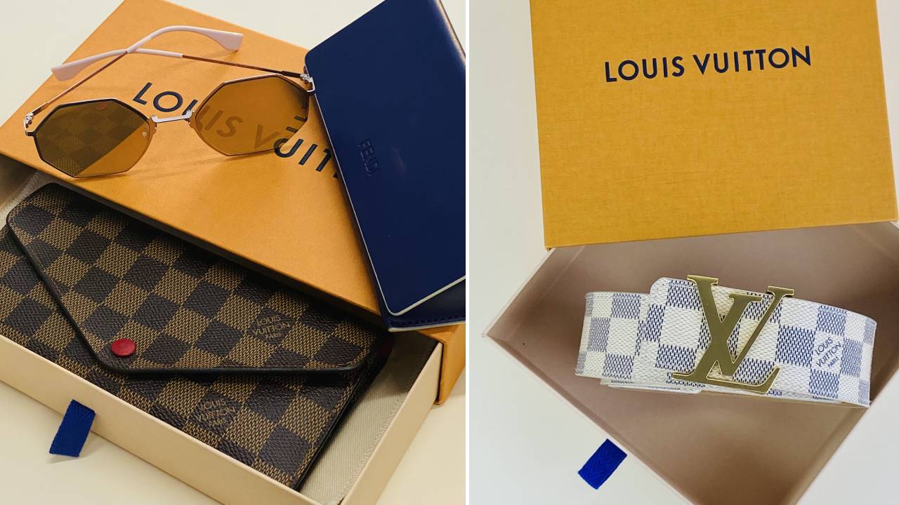 Acessórios originais seminovos da Louis Vuitton na Second hand Week: óculos, cinto e carteira.