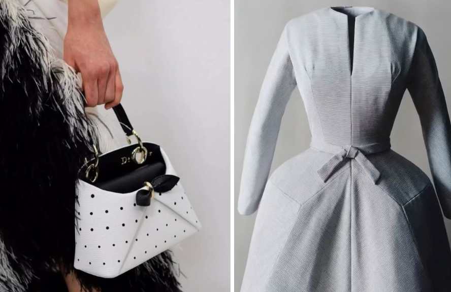 Foto da Bolsa Dior Cigale no Desfile Verão 2026 ao lado do vestido original de Christian Dior que dá o nome a bolsa de Jonathan Anderson.