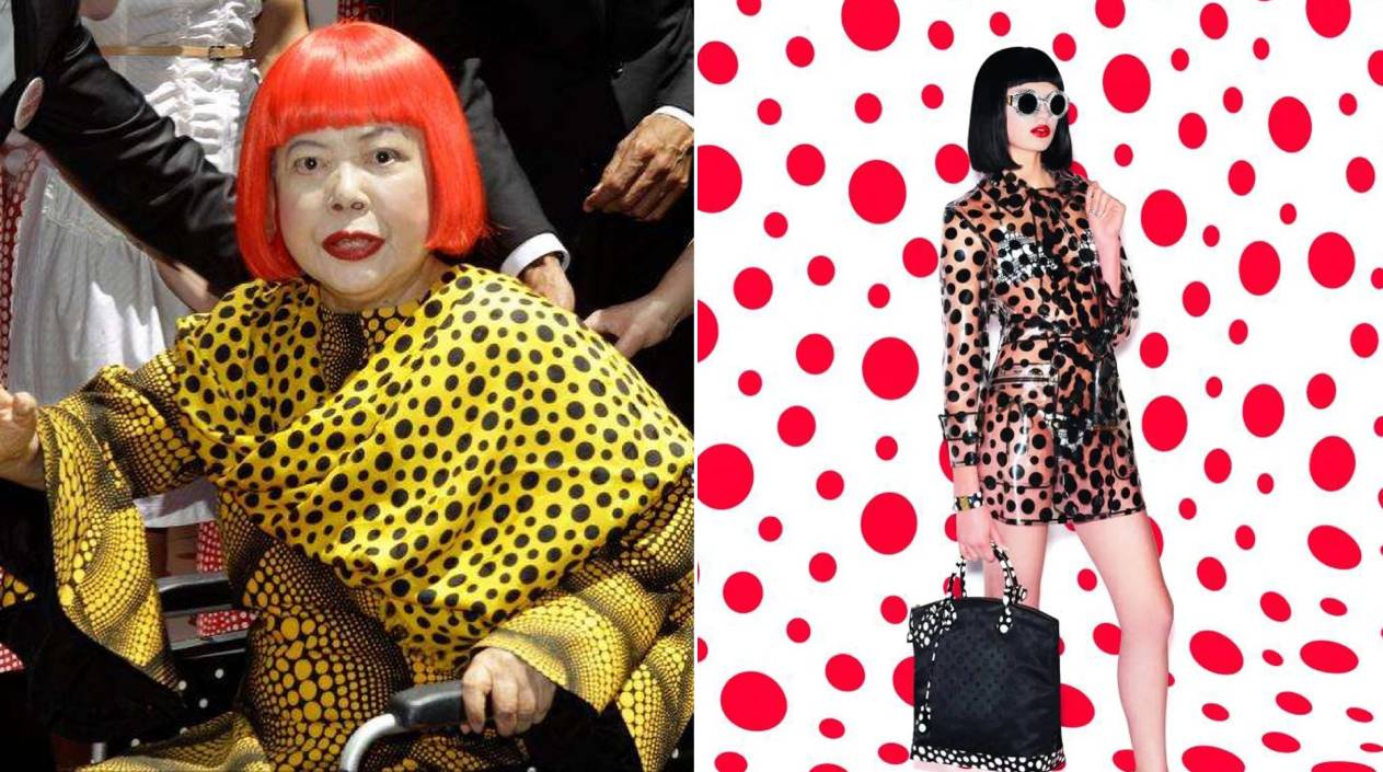 Yayoi Kusama e campanha Louis Vuitton em colaboração com a artista, com destaque para as icônicas bolinhas.