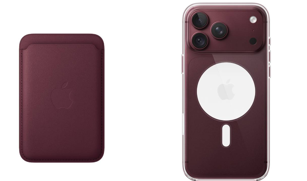 Fotos de carregador e case de Iphone 18 da apple na cor Burgundy tendência 2026.